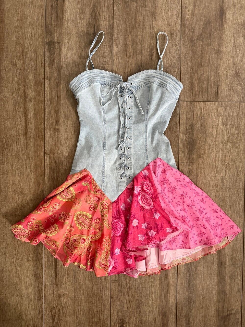 Dolls Kill Sugar Thrillz Floral Rodeo Denim Corset Mini Dress XS
